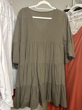 Tiered V-Neck Mini Dress in Olive Green